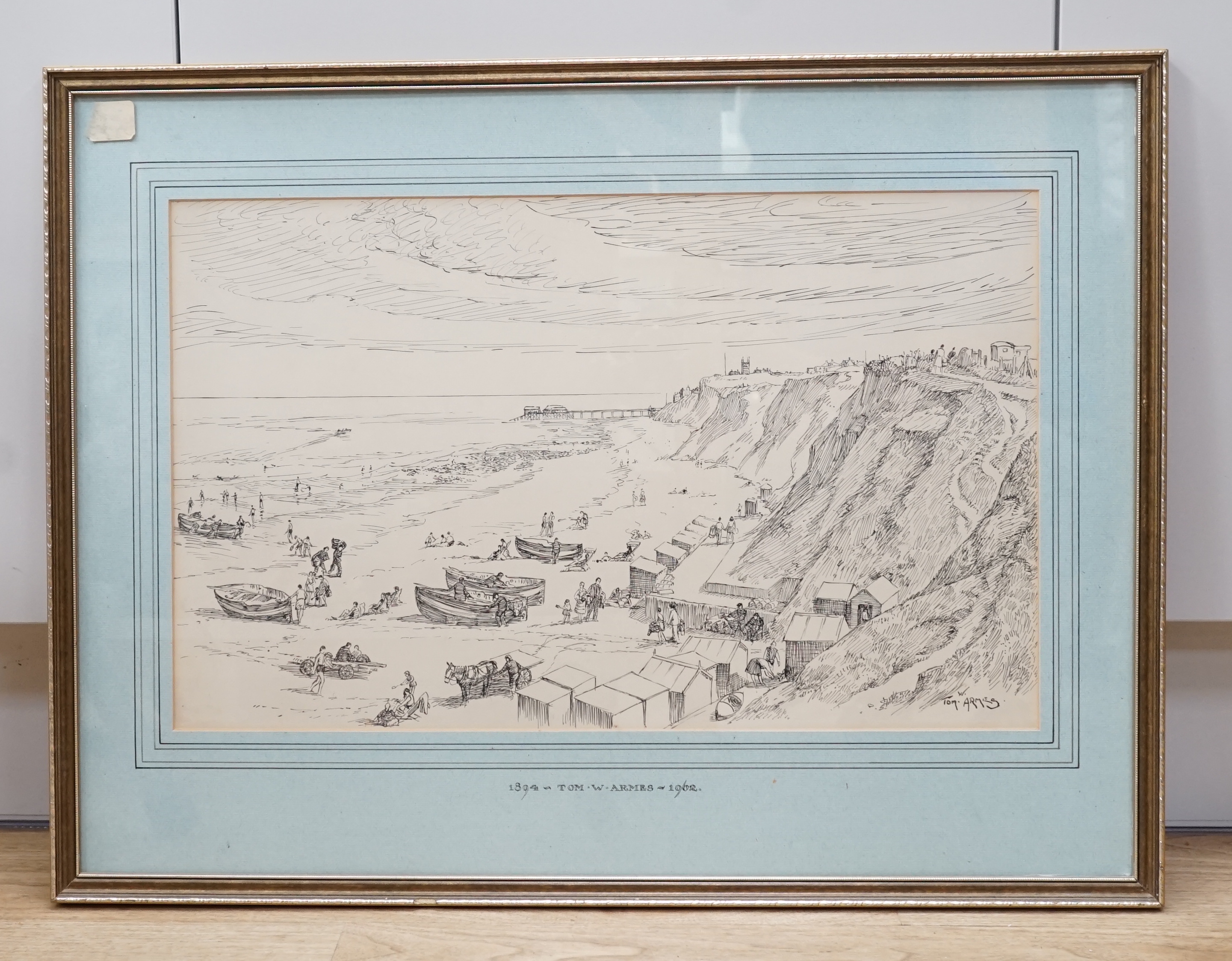 Tom W. Armes (1894-1962), pen and ink, 'Cromer beach and pier', signed, 30 x 49cm